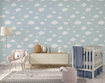 Watercolor Clouds Wallpaper, Kids Nursery Decor, Blue Sky