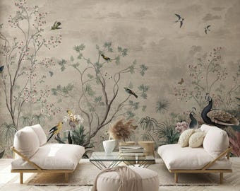 Fåglar och blommor självhäftande tapet, Chinoiserie väggmålning