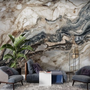 May include: A living room interior design featuring a large wall mural with a swirling abstract pattern of white, brown, and blue. The mural resembles a marble or stone texture. The room is furnished with two armchairs, a sofa, a coffee table, and a floor lamp.