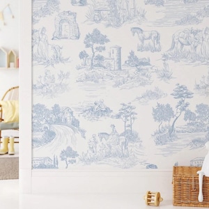 Blaue Retro-Muster-Tapete, Blaue Altstadt-Tapete-Kinderzimmer, Natur-Tapete, Blaue Kinder-Tapete, Zeichnung
