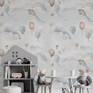 Carta da parati per bambini con palloncini blu e beige nel cielo, carta da parati per bambini con cielo azzurro, carta da parati per bambini con nuvole, carta da parati per bambini con aquiloni