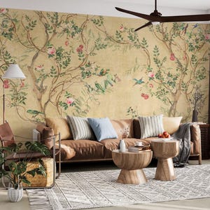 Elegant Bird and Floral Wallpaper, Yellow Beige Romantic Mural