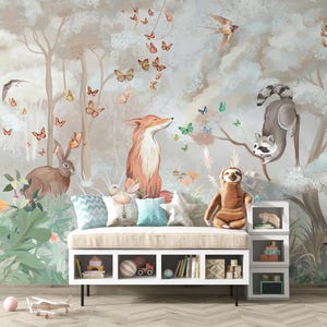 Rotfuchs und Waldtiere Tapete, Tiere für Kinderzimmer, Kinder und Baby Tapete, Gemälde Tapete Kinderzimmer, Zeichnung Kinder Tapete