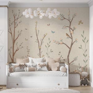 Fond beige printemps arbres papier peint, papier peint oiseaux et papillons, papier peint fleurs de printemps, papier peint floral vintage, papier peint Bloom