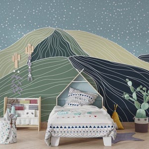 Carta da parati con paesaggio di montagna lineare morbido, carta da parati per bambini in 3D, carta da parati con illustrazione a tema natura verde per bambini, murale per bambini con acquerello