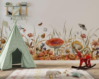 May include: A green and white gingham play tent with a red rocking horse in front of a wall mural featuring a watercolor illustration of mushrooms, flowers, and butterflies.