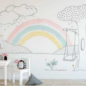 Swing Under the Rainbow Kids Wallpaper, Soft Color Wallpaper Nursery, Funny Child Wallpaper, Peel and Stick Wallpaper, Baby Girl Wallpaper