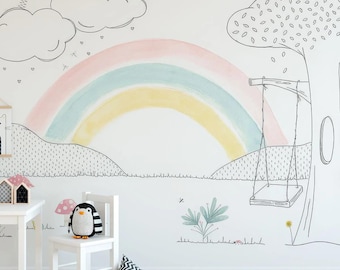 Rainbow Swing Kids Wallpaper, Soft Color Nursery Decor, Peel and Stick