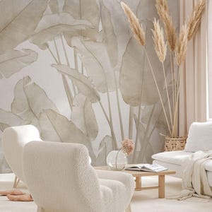 Carta da parati tropicale con foglie di banano, carta da parati beige, carta da parati staccabile e adesiva, design elegante per la stanza, design fresco per le pareti, murale luminoso