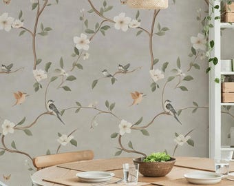 Birds and Flowers Wallpaper, Vintage Chinoiserie Mural