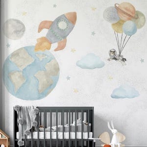 Carta da parati per bambini a tema spaziale, carta da parati per bambini con astronauti, carta da parati per bambini con pianeti e terra, carta da parati per bambini con cielo staccabile e attaccabile,