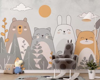 Bear, Cat, Rabbit Nursery Wallpaper, Soft Tones (Peel and Stick)