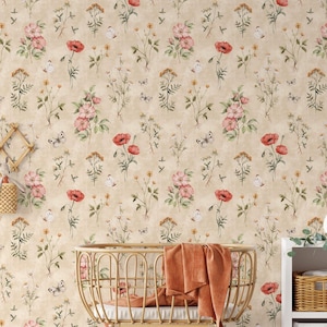 Meadow Flowers on Dark Beige Background, Flowers Baby Girl Wallpaper, Flower Garden Wallpaper, Wallpaper Nursery, Watercolor Floral Mural