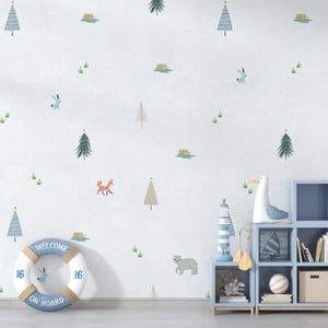 Carta da parati 3D con motivo di animali e alberi su sfondo bianco, illustrazione per la carta da parati per bambini, carta da parati divertente con acquerello per bambini