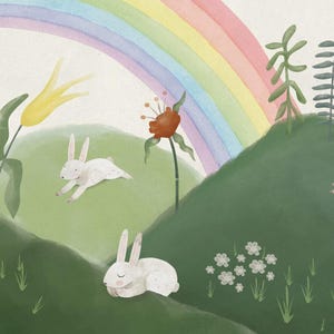 Conigli con figure di montagna 3D Carta da parati per bambini, carta da parati con illustrazioni per la cameretta dei bambini, carta da parati staccabile e adesiva, carta da parati per bambini con acquerello