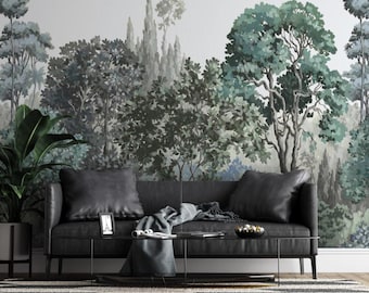 Forest Trees Wallpaper , Vintage Soft Green Tones Wall Mural
