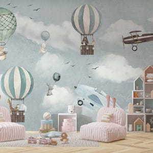 Carta da parati con animali che volano in palloncini, carta da parati con cielo per la cameretta dei bambini, carta da parati con animali carini per la cameretta dei bambini, carta da parati blu per bambini, carta da parati con nuvole per bambini
