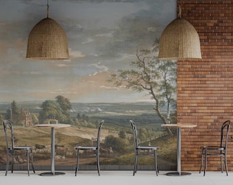 Carta da parati murale con vista del villaggio, dipinto nostalgico, autoadesivo.