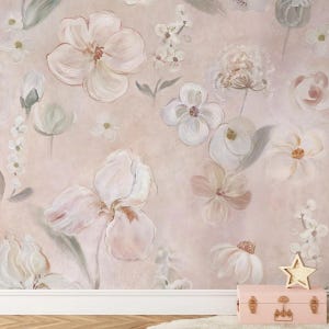 Aquarel grote bloemen meisje behang, bloementuin babymeisje behang, kunst behang kinderkamer, aquarel behang, bloemen behang