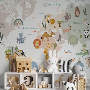Carte du monde, petits amis animaux, papier peint pour chambre d'enfant, papier peint pour enfants, papier peint autocollant pour chambre d'enfant, animaux mignons, papier peint pour bébé