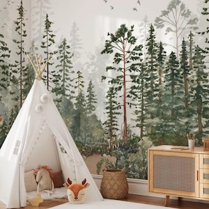 Carta da parati AMONG THE TREES per la cameretta dei bambini, carta da parati con alberi per la cameretta dei bambini, murale per pareti per bambini con natura, carta da parati per pareti per bambini con sbucciatura e attacco