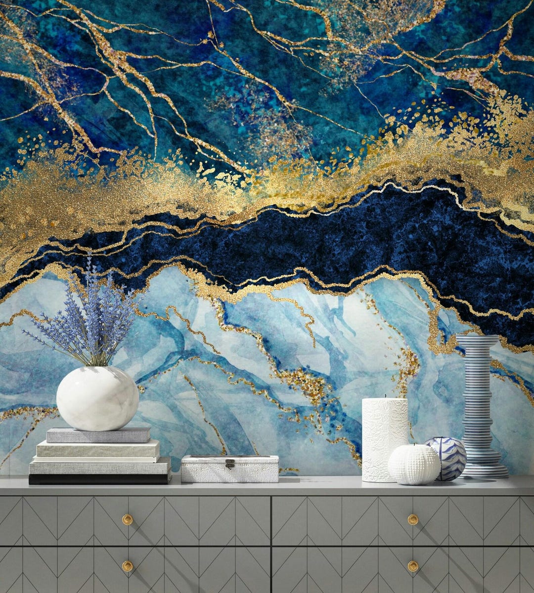 Navy Blue and Gold Marble Wallpaper, Abstract Texture Mural - Etsy
