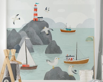 Seagulls Lighthouse Kids Wallpaper, Nautical Nursery Wallpaper
