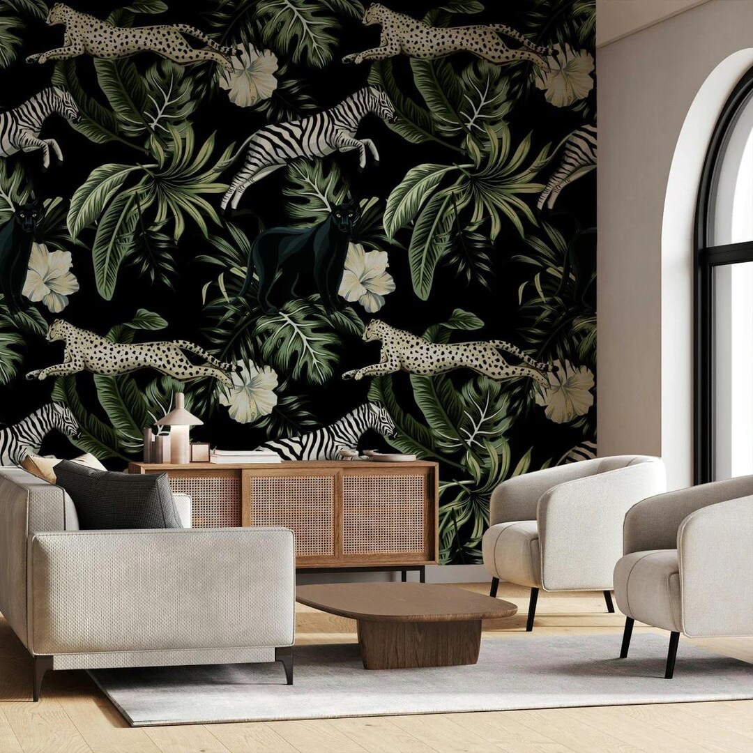Behang met exotische dierenprint, botanisch behang donkere jungle - Etsy  België, image size:1080x1080