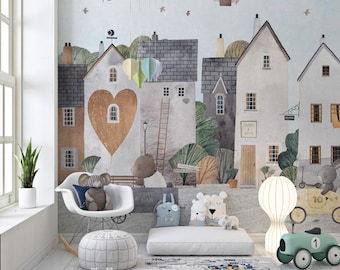Papel pintado de ciudad acuarela, decoración para habitación infantil, autoadhesivo