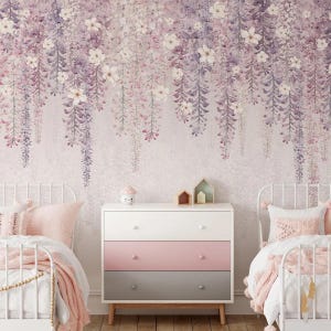 Carta da parati con fiori di glicine lilla, carta da parati con fiori per bambine, carta da parati con giardino fiorito per bambini, murale floreale ad acquerello, poster da parete viola