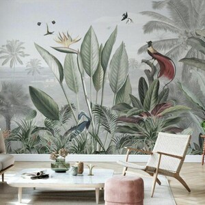 Tapeta z tropikalnymi ptakami i drzewami, mural z lasem deszczowym