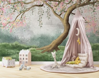 Papel pintado de árbol de flores rosas, mural de acuarela para guardería