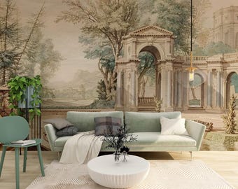 May include: A green sofa with white throw pillows sits in front of a wall mural depicting a classical garden with an archway and a pond. The mural is painted in shades of brown, green, and blue.
