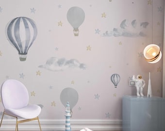 Hot Air Balloons Nursery Wallpaper, Clouds and Stars, Baby Boy Wallpaper