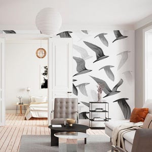 Black Birds Wallpaper, Illustration Birds Pattern Wallpaper, Bathroom Wallpaper, Drawing Wall Mural, Bedroom Wallpaper, Nature Wallpaper