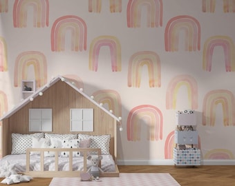 Watercolor Rainbow Wallpaper, Kids Room Decor, Pink Nursery
