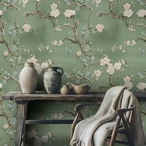 Papel tapiz floral estilo chinoiserie, póster de pared con diseño de flores vintage y ramas primaverales sobre fondo verde, elegante mural de dibujo romántico