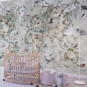 Carta da parati con mappa del mondo in 3D con animali nei toni del verde acqua, carta da parati per bambini, carta da parati staccabile e adesiva per asili nido e scuole, carta da parati per neonati