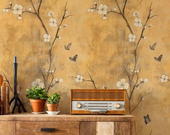 Żółta tapeta w kwiaty w stylu chinoiserie, romantyczna fototapeta, do samodzielnego naklejenia
