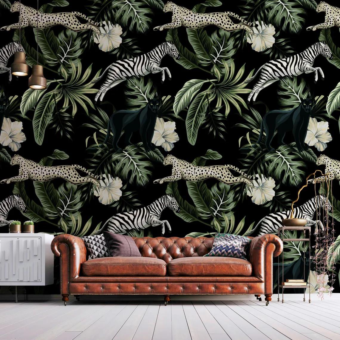 Behang met exotische dierenprint, botanisch behang donkere jungle - Etsy  België, image size:1140x1140