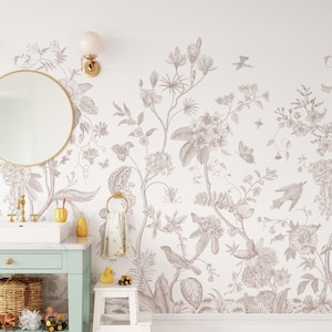Monochrome Beige Flowers Wallpaper, Flower Garden Baby Girl Wallpaper, Art Wallpaper Nursery, Drawwing Wallpaper, Flowers Wallpaper
