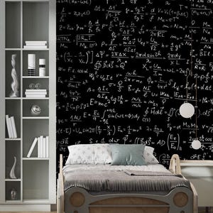 Op de afbeelding: Een slaapkamer met een zwarte muur in schoolbordstijl bedekt met witte wiskundige vergelijkingen. Een houten bed met een autovormig hoofdbord staat voor de muur. Een witte boekenkast staat aan de linkerkant.