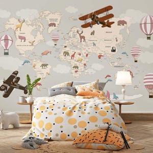 Weltkarte Tapete mit Flugzeug und Luftballons, Kinder Tapete, Abziehen und Aufkleben Tapete Kinderzimmer, Baby-Wandbild, Tapete Welttiere