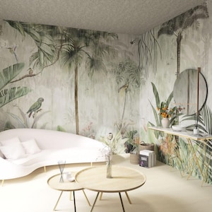 Tapeta z tropikalnym lasem deszczowym, egzotyczna dekoracja ścienna z roślinami kwiatowymi