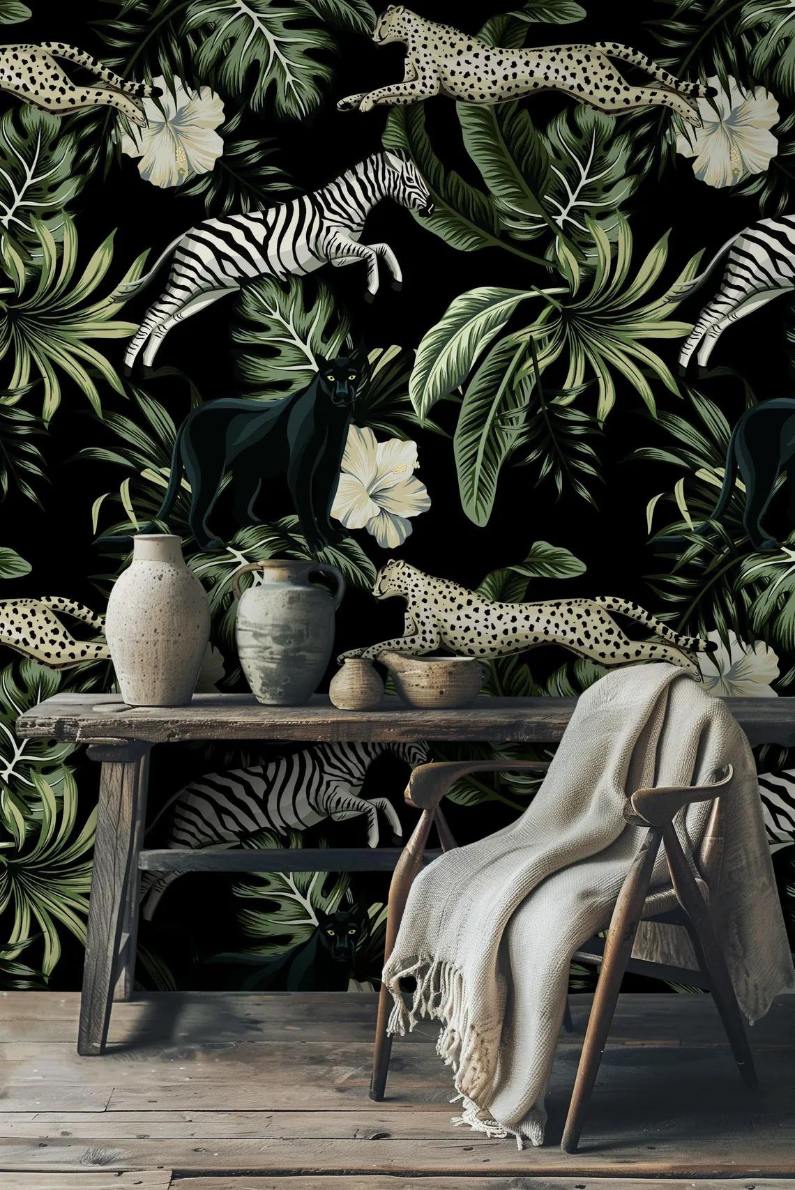 Behang met exotische dierenprint, botanisch behang donkere jungle - Etsy  België, image size:1140x1707