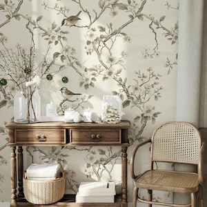 Carta da parati elegante con uccelli e fiori, carta da parati con fiori primaverili, carta da parati floreale vintage, murale romantico, carta da parati Bloom, carta da parati beige