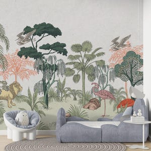 Linear Wald und Tiere 3D Tapete für Kinderzimmer, Illustration Kinder Tapete, Wandbild Kinderzimmer, breite Tapete, Dschungel Tapete