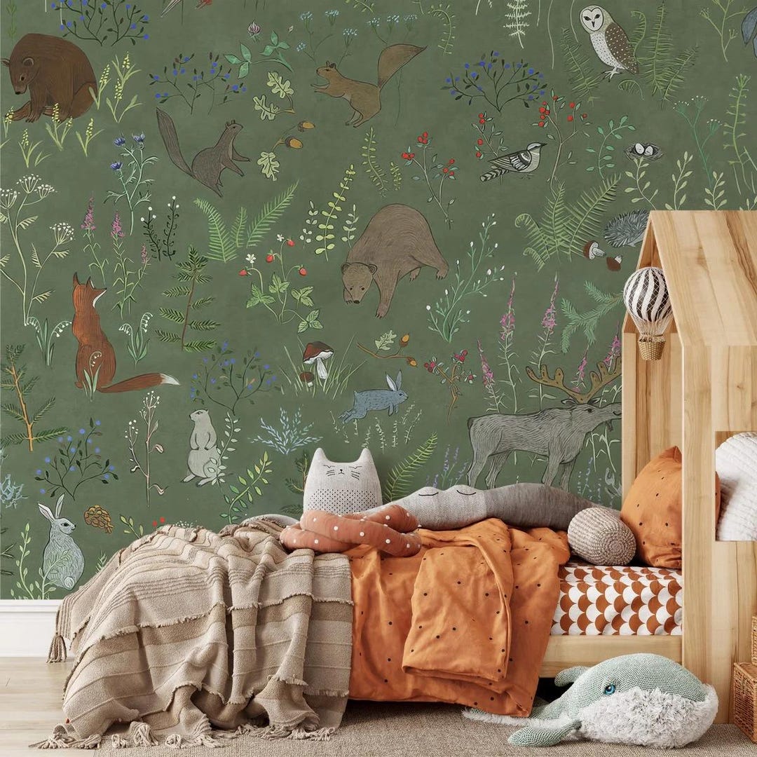 Green Forest Animals Kids Wallpaper, Animals Wallpaper for Childroom ...