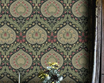 May include: Wallpaper with a repeating pattern of stylized floral and leaf motifs in shades of green, pink, and beige against a dark blue background. A table with a vase of flowers and a candle holder are in the foreground.