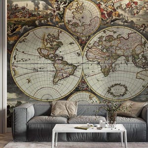 3D Wallpaper mit Karte der Zivilisationsgeschichte Artefakte, Historische Karte Wallpaper, Antike Boho Wallpaper, Zeichnung
